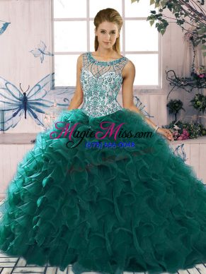 Beauteous Organza Scoop Sleeveless Lace Up Beading and Ruffles Sweet 16 Dresses in Peacock Green