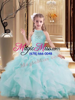 Brush Train Ball Gowns Pageant Dress Light Blue High-neck Tulle Sleeveless Lace Up