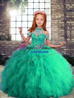 Inexpensive Turquoise Sleeveless Floor Length Beading and Ruffles Lace Up Little Girls Pageant Dress Wholesale