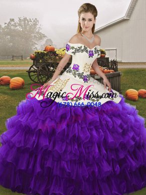 White And Purple Off The Shoulder Neckline Embroidery and Ruffled Layers Ball Gown Prom Dress Sleeveless Lace Up