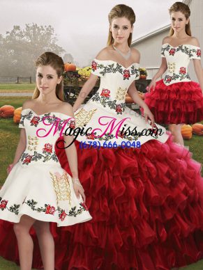 Off The Shoulder Sleeveless Organza 15 Quinceanera Dress Embroidery and Ruffled Layers Lace Up