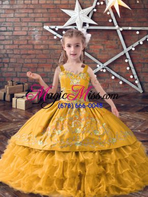 Sleeveless Satin and Organza Floor Length Lace Up Little Girls Pageant Dress Wholesale in Gold with Embroidery and Ruffled Layers