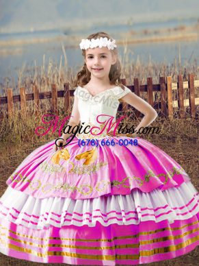Nice Lilac Ball Gowns Satin Off The Shoulder Sleeveless Embroidery Floor Length Lace Up Little Girls Pageant Gowns
