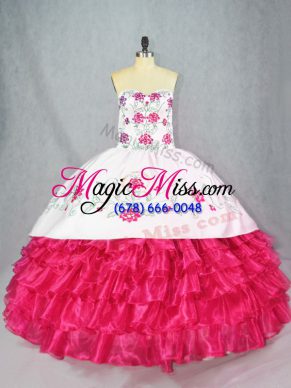 Hot Pink Quinceanera Gowns Sweet 16 and Quinceanera with Embroidery and Ruffled Layers Sweetheart Sleeveless Lace Up