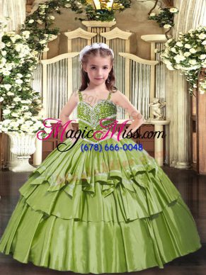 Sleeveless Floor Length Beading and Ruffled Layers Lace Up Pageant Dress Womens with Olive Green