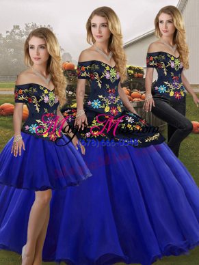 Royal Blue Sweet 16 Quinceanera Dress Military Ball and Sweet 16 and Quinceanera with Embroidery Off The Shoulder Sleeveless Lace Up