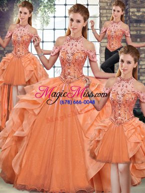 Lovely Ball Gowns Sweet 16 Dress Orange Halter Top Organza Sleeveless Floor Length Lace Up