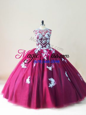 Nice Scoop Sleeveless Quinceanera Dresses Floor Length Beading and Appliques Burgundy Tulle