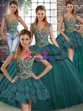 Green Lace Up Straps Beading and Appliques Quinceanera Dress Tulle Sleeveless