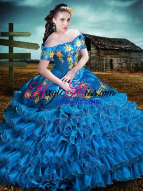 Off The Shoulder Sleeveless Lace Up Quince Ball Gowns Blue Organza