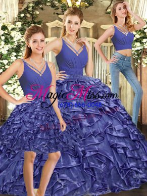 Lavender Ball Gowns Organza V-neck Sleeveless Ruffles Floor Length Backless Quinceanera Gown Brush Train