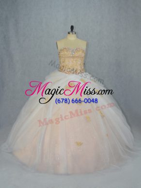 Champagne Ball Gowns Tulle Sweetheart Sleeveless Beading and Appliques Lace Up Quinceanera Dresses