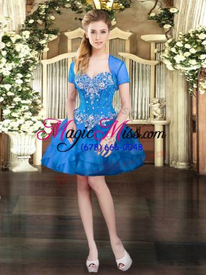 Wonderful Blue Sweetheart Neckline Beading and Ruffles Prom Homecoming Dress Sleeveless Lace Up