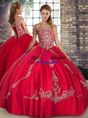 Red Off The Shoulder Lace Up Beading and Embroidery 15th Birthday Dress Sleeveless