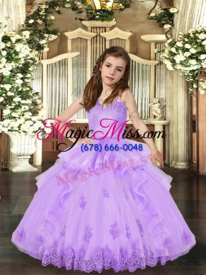 Inexpensive Lavender Ball Gowns Appliques Pageant Dress Lace Up Tulle Sleeveless Floor Length