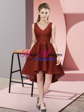 Admirable Rust Red Sleeveless Lace Zipper Quinceanera Court of Honor Dress for Wedding Party