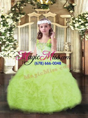 High Class Yellow Green Organza Lace Up Straps Sleeveless Floor Length Little Girls Pageant Dress Wholesale Beading and Ruffles and Pick Ups