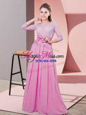 Chiffon Scoop 3 4 Length Sleeve Side Zipper Lace and Belt Quinceanera Court Dresses in Rose Pink