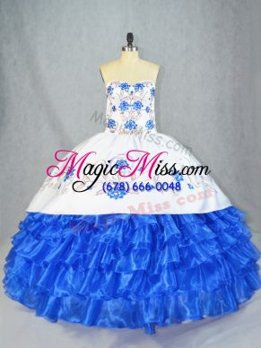 Romantic Asymmetrical Lace Up Vestidos de Quinceanera Blue And White for Sweet 16 and Quinceanera with Embroidery and Ruffled Layers