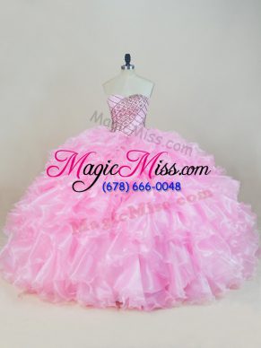 Captivating Sweetheart Sleeveless Sweet 16 Dresses Floor Length Beading and Ruffles Baby Pink Organza