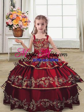 Straps Sleeveless Kids Formal Wear Floor Length Embroidery and Ruffled Layers Burgundy Satin