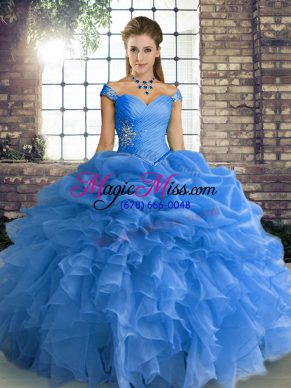 Floor Length Blue Sweet 16 Quinceanera Dress Organza Sleeveless Beading and Ruffles and Pick Ups