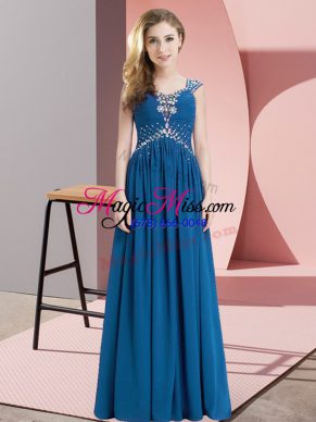Cheap Blue Cap Sleeves Floor Length Beading Lace Up Evening Dress