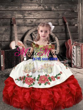 White And Red Pageant Dress Womens Wedding Party with Beading and Embroidery and Ruffles Off The Shoulder Sleeveless Lace Up
