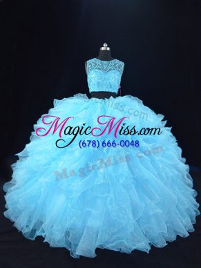 Customized Scoop Sleeveless Quince Ball Gowns Floor Length Beading and Ruffles Aqua Blue Organza