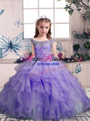 Lavender Off The Shoulder Neckline Beading and Ruffles Girls Pageant Dresses Sleeveless Lace Up