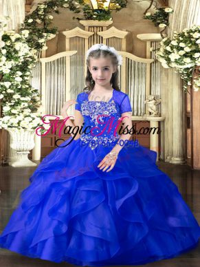 Elegant Floor Length Royal Blue Kids Formal Wear Tulle Sleeveless Beading and Ruffles