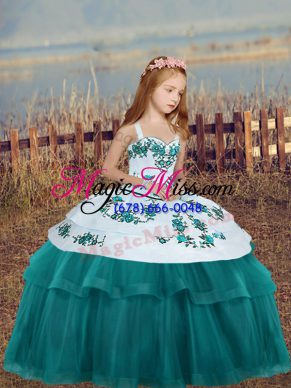 Teal Sleeveless Embroidery Floor Length Kids Formal Wear