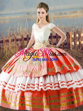V-neck Sleeveless 15th Birthday Dress Floor Length Embroidery and Ruffled Layers White And Red Satin