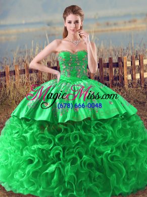 Ideal Sleeveless Embroidery and Ruffles Lace Up Sweet 16 Dress with Green