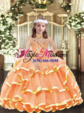 Appliques and Ruffled Layers Kids Pageant Dress Orange Lace Up Sleeveless Floor Length