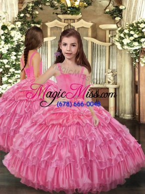 Sweet Straps Sleeveless Lace Up Glitz Pageant Dress Rose Pink Organza