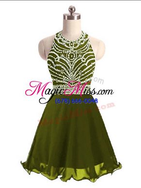 Traditional Olive Green Lace Up Halter Top Beading Homecoming Dress Chiffon Sleeveless