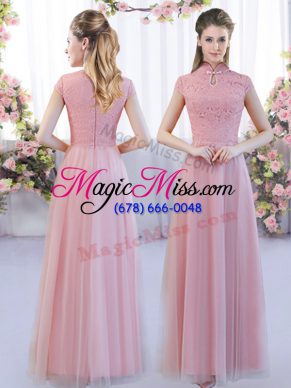 Pink High-neck Zipper Lace Court Dresses for Sweet 16 Cap Sleeves
