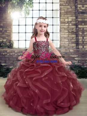 Classical Straps Sleeveless Pageant Dress Floor Length Beading and Ruffles Burgundy Organza