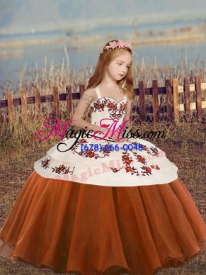 Attractive Rust Red Straps Lace Up Embroidery and Ruffled Layers Glitz Pageant Dress Sleeveless
