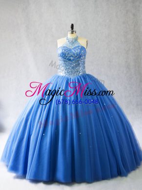 Blue Tulle Lace Up Halter Top Sleeveless 15th Birthday Dress Brush Train Beading