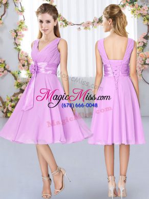 Gorgeous Lilac Empire V-neck Sleeveless Chiffon Knee Length Lace Up Hand Made Flower Wedding Guest Dresses
