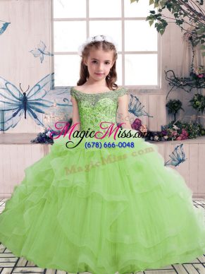 Yellow Green Ball Gowns Tulle Scoop Sleeveless Beading and Ruffles Floor Length Lace Up Kids Formal Wear