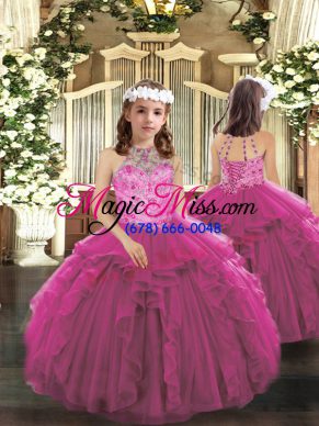 Exquisite Fuchsia Lace Up Halter Top Beading and Ruffles Pageant Dresses Tulle Sleeveless