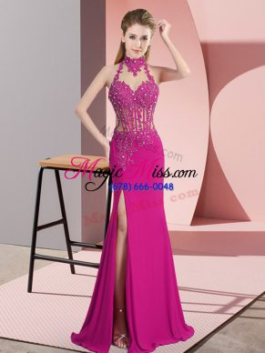 Sexy Fuchsia Column/Sheath Halter Top Sleeveless Chiffon Floor Length Backless Lace and Appliques Prom Dresses