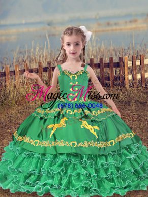 Sleeveless Organza Floor Length Lace Up Little Girl Pageant Gowns in Turquoise with Beading and Embroidery and Ruffled Layers