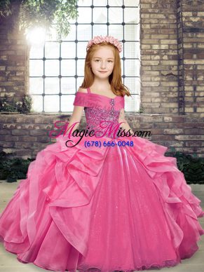 Hot Selling Pink Sleeveless Floor Length Beading and Ruffles Lace Up Kids Pageant Dress