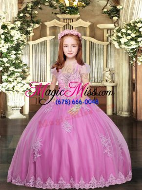 Lilac Tulle Lace Up Little Girls Pageant Dress Wholesale Sleeveless Floor Length Lace and Appliques