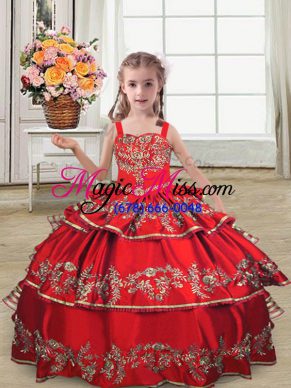 Customized Red Sleeveless Satin Lace Up Kids Pageant Dress for Wedding Party