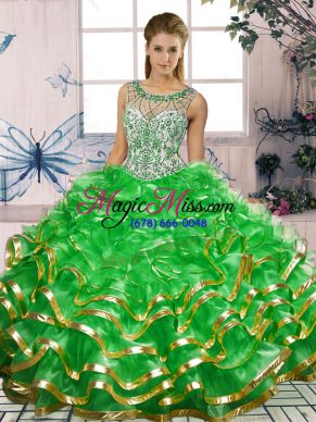 Classical Green 15th Birthday Dress Military Ball and Sweet 16 and Quinceanera with Beading and Ruffles Scoop Sleeveless Lace Up